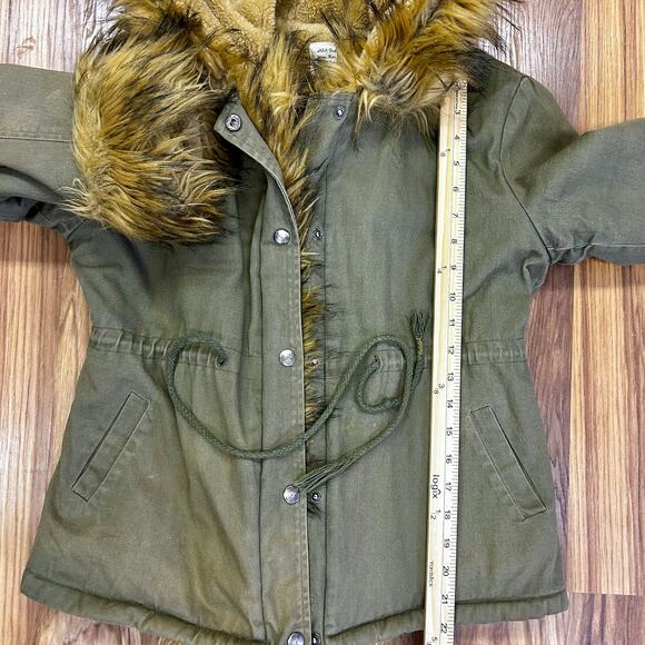Vintage Olive Green Faux Fur Parka Coat Y2K Boho Festival Jacket Street Style - Picture 10 of 12